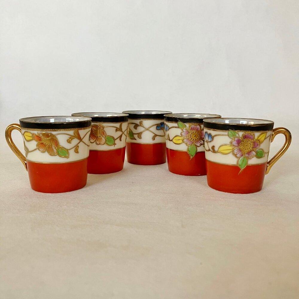 Vintage Tea Cups Set 5 Demitasse Hand Painted Floral Eggshell Porcelain Japanese